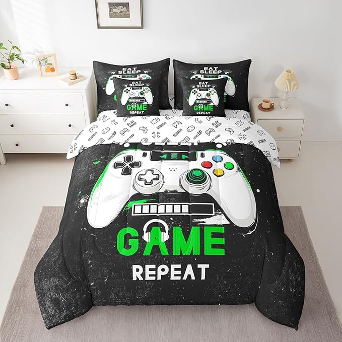 jejeloiu Eat Sleep Game 7 Piece Bedding Set King Size Cartoon Gamer Comforter Set with Sheets for Kids Boys Girls Modern Game Bed in a Bag Black Green Bed Set