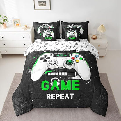 jejeloiu Eat Sleep Game 7 Piece Bedding Set King Size Cartoon Gamer Comforter Set with Sheets for Kids Boys Girls Modern Game Bed in a Bag Black Green Bed Set