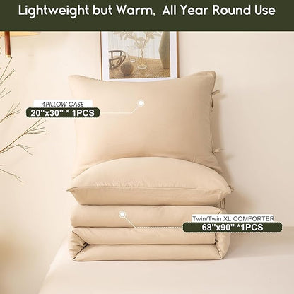 Ultra-Soft Twin/XL Bed Comforter Set, Comfy Washed Polycotton 1 Bedding Down Comforter and 1 Pillowcase Cozy Blanket Quilt Lightweight All Season for Kid Children Teens Girl Boys,Khaki Beige