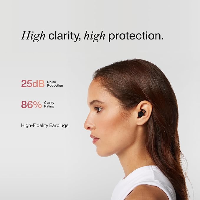 Hears Plus Ear Plugs for Noise Reduction - Patented Reusable Concert Earplugs, 25dB SNR Sound Reduction, Hypoallergenic for Musicians, Motorcycle and Sleeping with 4 tip Sizes - Jet Black