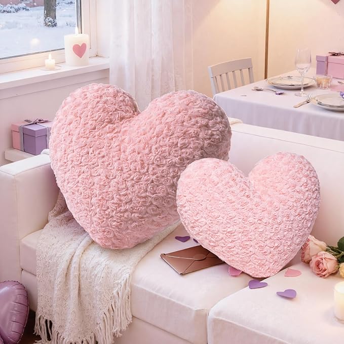 Lanpn Valentines Day Heart Pillows 2Pcs, Love Heart Shaped Pillow Soft Plush Throw Pillow Plush Heart Decorative Cushion for Couch Bed Sofa Valentine's Day Decor (Pink, 16.5x12in/14x10.5in)
