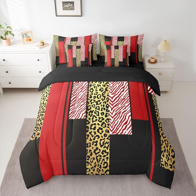 Erosebridal Leopard Print Stripes Girly Red Gold Full Comforter Set 7 Pieces | Fur Pattern Bed in A Bag for Bedroom Women Men Adults Bedding Set with Comforters Zebra Cheetah Wild Animal Room Decor