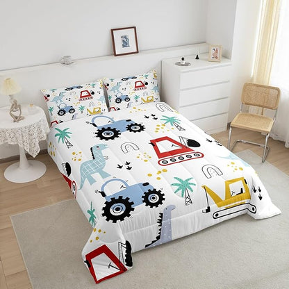 jejeloiu Kids Cartoon Dinosaur Bedding Set Toddle Size Cartoon Car Comforter Set for Boys Girls Construction Excavator Duvet Set Jungle Dino Quilt Set 2Pcs