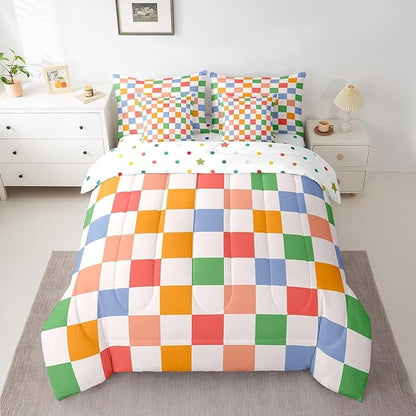 Feelyou Checkered Retro 7 Piece Bedding Set Teen Women Men Rainbow Colorful Plaid Comforter Set with Sheets Full Size Kids Boys Geometric Vintage Bed in a Bag Modern Groovy Aesthetic Room Decor