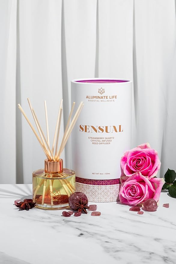 Crystal Infused Reed Diffuser, 4 OZ, Sensual - Strawberry Quartz Crystal Infused - Scents of Star Anise, Rose, Sichuan Pepper & White Musk - Valentine's Day Gift