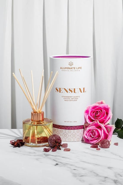 Crystal Infused Reed Diffuser, 4 OZ, Sensual - Strawberry Quartz Crystal Infused - Scents of Star Anise, Rose, Sichuan Pepper & White Musk - Valentine's Day Gift