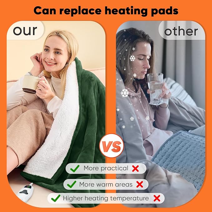 greenoak Heated Blanket Electric Twin 62"X84", Heating Blankets with 10 Levels 8 Hours Auto-Off, Soft Flannel Sherpa Fluffy House Warming Gifts for Grandma Seniors Momt, Jade Green