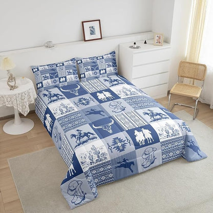 Western Cowboy Comforter Set Twin Size,Aztec Tribal Striped Bedding Set 2Pcs for Kids Teens Women Men Room Decor,Blue White Geometric Grid Quilt Set Vintage Rustic Duvet Insert,1 Pillowcase
