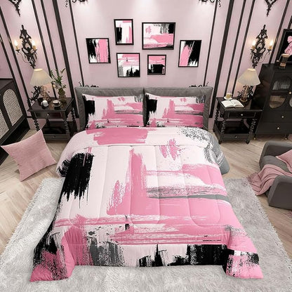 Erosebridal Girls Pink and Black Comforter Set Full Size Girly Abstract Pink Comforter Set for Kids Teens Women Geometric Modern Bedding Sets Minimalists Striped Art Bed Sets for Adults Boys Men