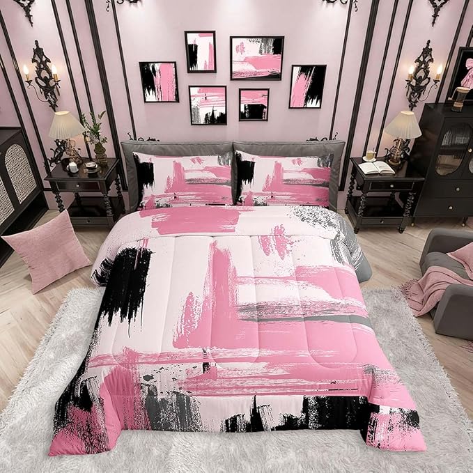 Erosebridal Girls Pink King Comforter Set Girly Abstract Pink and Black Comforter Set for Kids Teens Women Geometric Modern Bedding Sets Minimalists Striped Art Bed Sets for Adults Boys Men
