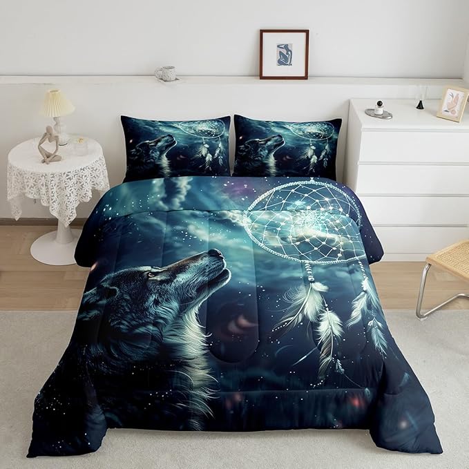 Erosebridal Hunting Wolf Queen Comforter Set,Dream Catcher Wolf Bedding Set for Men Women Room Decor,Wild Animal Safari Bed Set Boho Exotic Ethnic Bedding Comforter Sets,2 Pillowcases