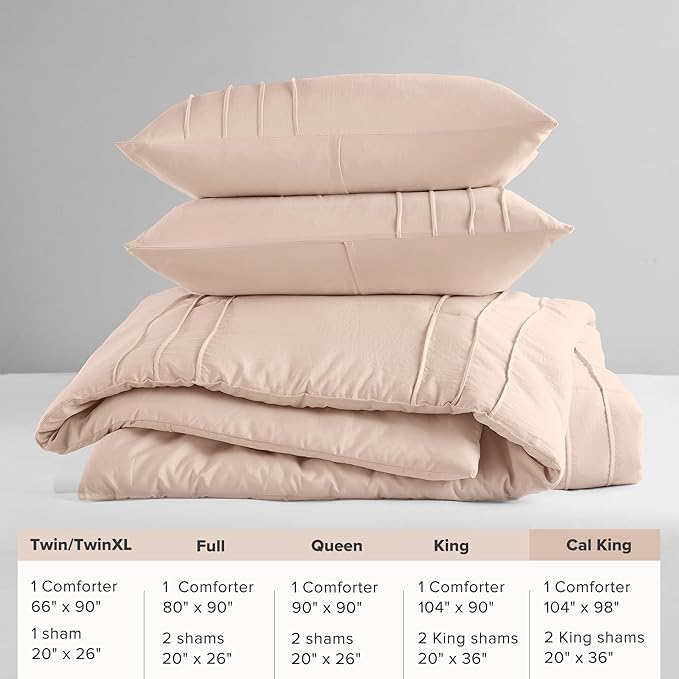 Comfort Spaces Blush Cal King Size Comforter Set - 3 Pieces Pintuck Pleated Bedding Sets, All Season Lightweight, Extra Softness Pre-Washed Microfiber Cal King Bed Set, Shams, Cal King