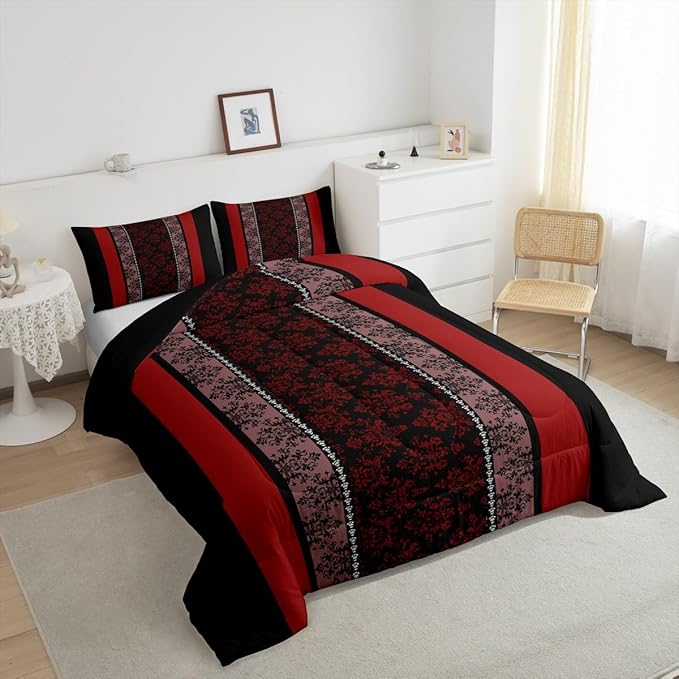 jejeloiu Adult Classic Jacquard Bedding Set King Size Damask Pattern Comforter Set for Boys Girls Black Red Stripe Duvet Set Baroque Quilt Set 3Pcs