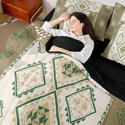 Erosebridal 7 Piece Western Tribal King Comforter Set with Sheets Exotic Aztec Bed in A Bag Southwestern Native American Bedding Sets for Teens Teenager Boho Geometric Diamond Art Bed Set