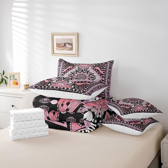 Feelyou Sun Moon Bed in a Bag with Comforter, Queen Size 7Pcs Boho Exotic Bedding Set with Comforter, Pink Bohemian Galaxy Comforter Women Men Teens Ultra Soft Decor Astrology Space Room Decor