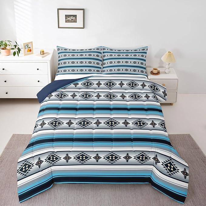 Erosebridal Boho Boys Bedding Sets Queen Western Bohemian Comforter Set Blue Grey Southwestern Aztec Bedding Comforter Sets for Kids Teen Southwest Tribal Mexican Quilt Duvet Rustic Farmhouse Decor