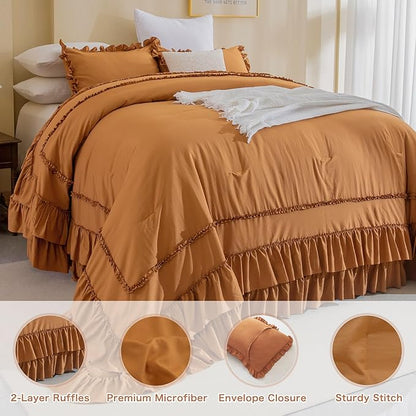 Masaca 120x120 Oversized King Comforter,Farmhouse Shabby Boho Chic Pumpkin Ruffle California King Comforter Set French Country Rustic Bedding 3PCS (1 Ruffled Comforter+2 Pillow Shams)