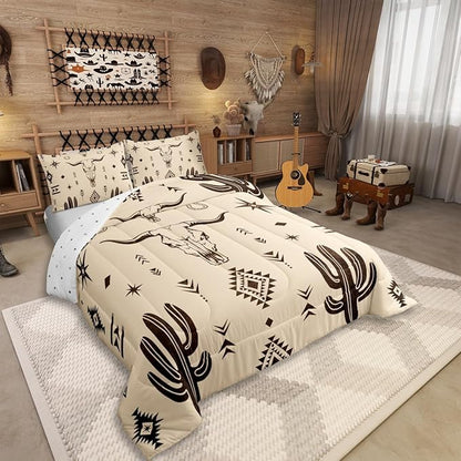 Erosebridal Boys King Size Bull Skull Comforter Set, Western Cowboy Bedding Set Vintage Southwestern Duvet Insert Bohemian Geometric Cactus Quilt Tribal Exotic Ethnic for Teens Bedroom Decor,Khaki
