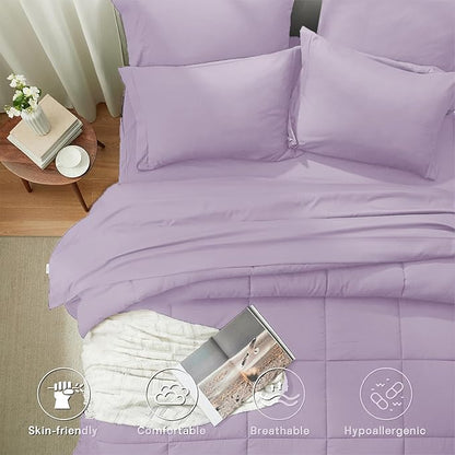 Anluoer King Comforter Set 7 Piece, Lavender Bed in a Bag with Sheets, Comforters King Size Bedding Sets with 1 Comforter, 2 Pillow Shams, 2 Pillowcases, 1 Flat Sheet,1 Fitted Sheet