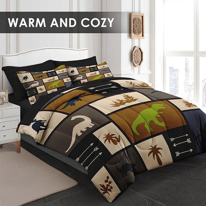 Comforter Set Queen Size, Dino Animal 7 Pcs Bedding for Kids and Adults, Cute Dinosaur Bed Sheet Sets with Fitted Sheet 2 Pillowcases & 2 Shams for Bedroom Bed Decor