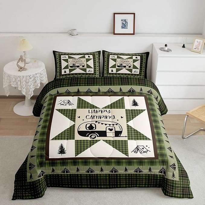 Feelyou Camper Comforter Set Full Size Kids Happy Camping Comforter for Boys Teens Southwestern Vinatge Camper Accessories for Travel Trailers Bedding Set Green Tree Duvet Set Room Decor