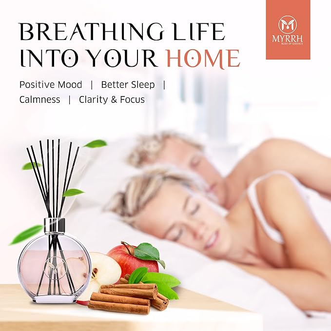Apple Cinnamon Scented Reed Diffuser Set with 8 Rattan Diffuser Sticks, 150 ml, All Natural Air Freshener, Long-Lasting Diffusers at Home, MyrrhUSA