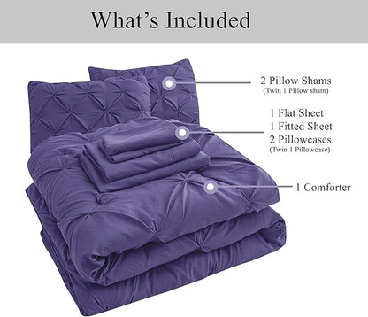 LANE LINEN Queen Size Comforter - Set of 7 Piece - Refined Pintuck Finish for Hotel Style Bedding - Ultra Soft Microfiber All Season Complete Bed in a Bag - Everyday Comfort for Home Bedrooms – Purple | Apartment ready, Ultra smooth fabric, All season ...