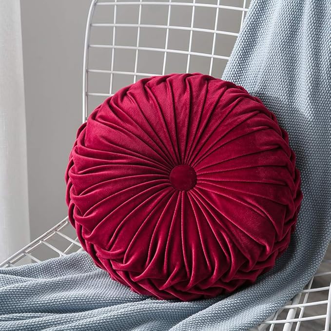 MOCOFO Round Velvet Throw Pillow, Pumpkin Shape Decorative Floor Cushion, Handcrafted Pleated Design, 14 and 16 Inch Diameter, Multiple Colors, Polyester Fill (Wine red, 14")