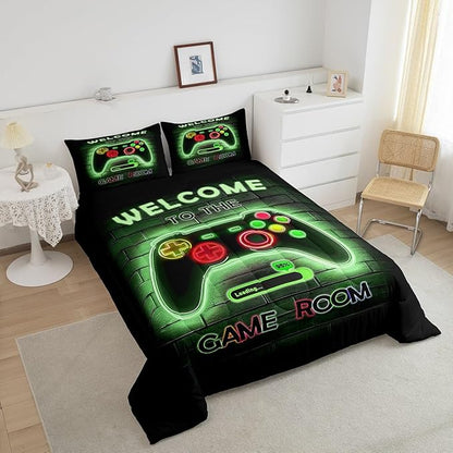 jejeloiu Green Gamer Gaming Bedding Set Twin Size for Boys Game Console Comforter Set Kids Teens Neon Light Duvet Set Cool Game Room Decor Quilt Set 2Pcs