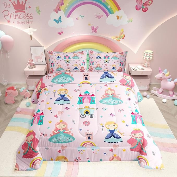 Erosebridal Kids Pink Princess Comforter Set Dreamy Fairy Tales Castle Girls Queen Bedding Set Cartoon Rainbow Down Comforter for Teen Women Bedroom Decor,Magical Carriage Princess Bed Set