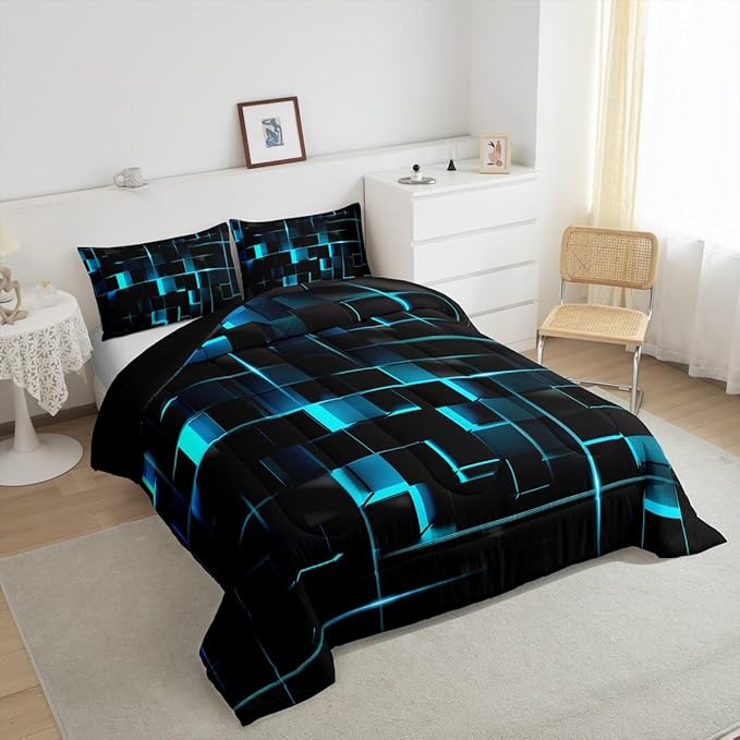 Erosebridal Neon Turquoise Black Comforter Set Full Size 3 Piece Geometric Kids Bedding Set Honeycomb Comforter for Teens Women Adult Bedroom Decor, Aesthetics Modern Quilt