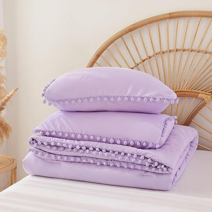 YIRDDEO Queen Comforter Set - Comforter Queen Size Sets with Ball Pom Fringe, Soft Bedding Set for All Seasons - 3 Pieces, 1 Comforter (90"x90") & 2 Pillow Shams (20"x30"), Lavender Purple
