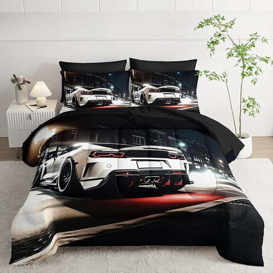 Sports Car Comforter Set Twin Size 7PCS, White Racing Car Bed Set Light White Racing Car Bedding Set 7 Piece in A Bag,Bed Sheet Set Racing Car Decor,Microfiber Lightweight All Season