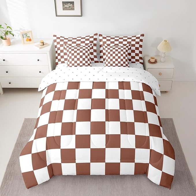 Feelyou Checkered 7 Piece Bedding Set Teen Coffee Brown White Plaid Comforter Set with Sheets Twin Size Kids Boys Cute Retro Neutral Checkerboard Geometric Bed in a Bag Vintage Aesthetic Room Decor