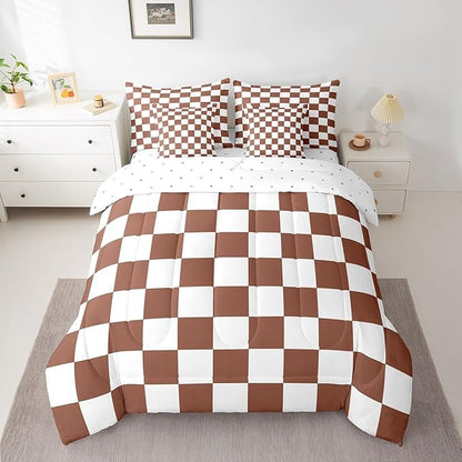 Feelyou Checkered 7 Piece Bedding Set Teen Coffee Brown White Plaid Comforter Set with Sheets Twin Size Kids Boys Cute Retro Neutral Checkerboard Geometric Bed in a Bag Vintage Aesthetic Room Decor