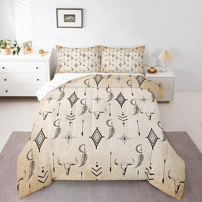 Feelyou Bull Skull Western Comforter Set Ethnic Horns Boho Toddler Size Bedding Set for Kids Adult Black Brown Tribal Symbol Mysterious Aztec Comforter