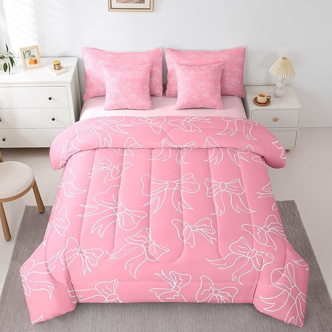 Feelyou Cute Bowknot 7 Pieces Comforter Sets Boys Girls Full Size Pink Girls Bow Bedding Set for All Season for Kids Women Men Bow Bed in a Bag with Comforter, Sheets, Pillowcases & Cushion Cover