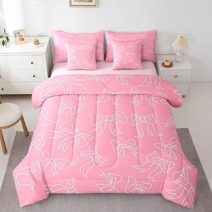 Feelyou Cute Bowknot 7 Pieces Comforter Sets Boys Girls Full Size Pink Girls Bow Bedding Set for All Season for Kids Women Men Bow Bed in a Bag with Comforter, Sheets, Pillowcases & Cushion Cover