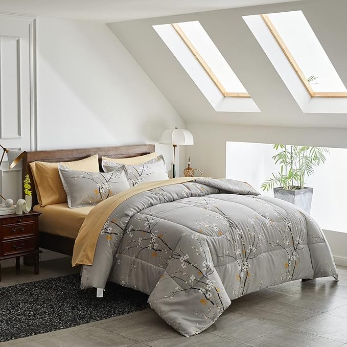 Gray Comforter Sheet Set Bed in a Bag 7 Pieces Cal King Size Tree Branch Bloom Flower Bedding Set (1 California King Comforter 2 Pillow Shams 1 Tan Flat Sheet 1 Fitted Sheet 2 Pillowcases)