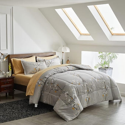 Gray Comforter Sheet Set Bed in a Bag 7 Pieces Cal King Size Tree Branch Bloom Flower Bedding Set (1 California King Comforter 2 Pillow Shams 1 Tan Flat Sheet 1 Fitted Sheet 2 Pillowcases)