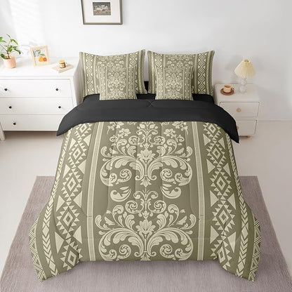 Comforter Set King Size, Olive Green Damask Aztec 7 Pcs Bedding for Kids and Adults, Baroque Western Boho Gothic Floral Bed Sheet Sets with Fitted Sheet 2 Pillowcases & 2 Shams for Bedroom Bed Decor