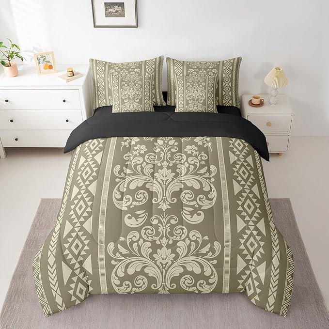 Comforter Set Full Size, Olive Green Damask Aztec 7 Pcs Bedding for Kids and Adults, Antique Decor Western Baroque Gothic Bed Sheet Sets with Fitted Sheet 2 Pillowcases & 2 Shams for Bedroom Bed Decor