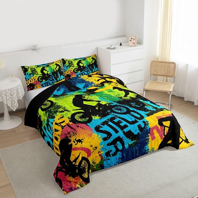 Erosebridal Boys Dirt Bike Comforter Set Queen Size Skateboard Bedding Set Motorcycle Motocross Duvet Set Extreme Sports Game Quilt Set Hip Hop Colorful Comforter Set for Kids Teens Adult