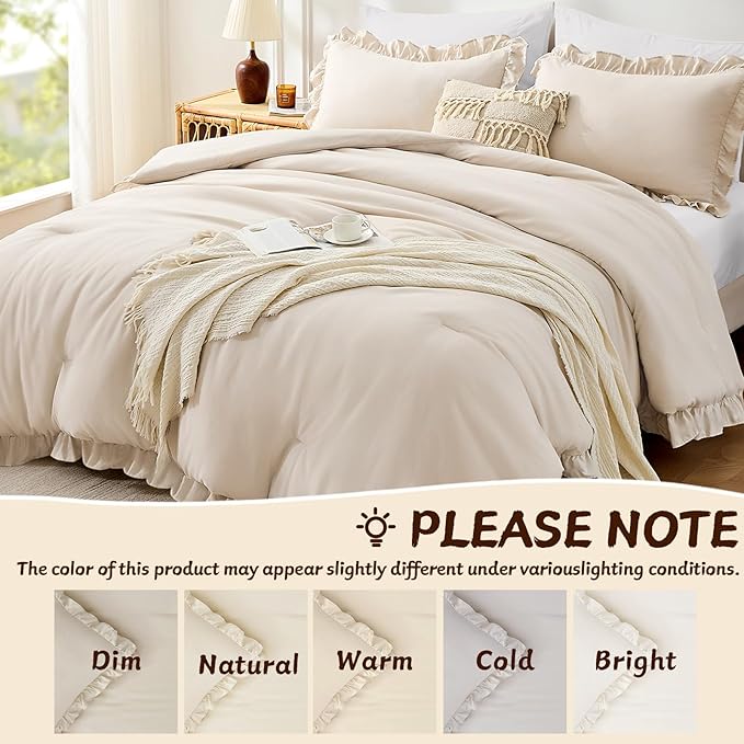 FUANNA Full Size Comforter Sets Beige, 3 Pieces Ruffle Full Size Bedding Sets, Fluffy Bed in a Bag Full for All Seasons, Shabby Chic Full Bed Set with 1 Lightweight Comforter & 2 Pillowshams