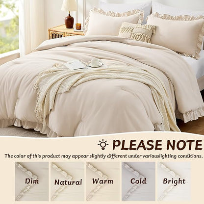 FUANNA Full Size Comforter Sets Beige, 3 Pieces Ruffle Full Size Bedding Sets, Fluffy Bed in a Bag Full for All Seasons, Shabby Chic Full Bed Set with 1 Lightweight Comforter & 2 Pillowshams