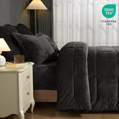PHF Double-Sided Velvet Comforter Set Queen Size, 5 Piece Soft Luxury Winter Warm Bedding Sets, Modern Bed in A Bag Including 1 Cozy Comforter, 2 Pillow Shams, 2 Euro Shams for Home Decor, Black