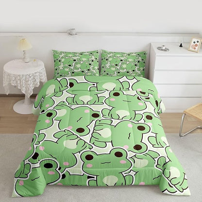 Cute Frog Comforter Set King Size, Kawaii Frog Bedding Set For Kids Boys Girls Teens, Green Wild Animals Farmhouse Down Comforter, Wildlife Rustic Funny 3Pcs Quilted Duvet All Season Bedroom Decor