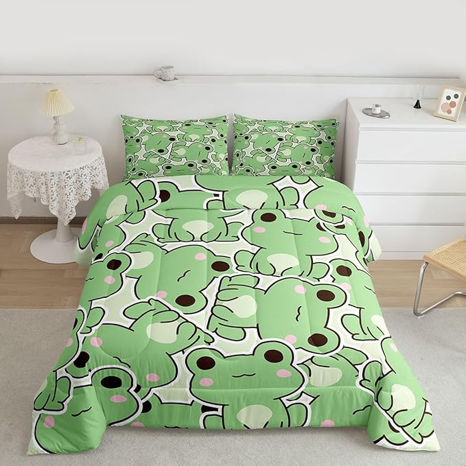 Frog Comforter Set Twin Size, Cartoon Frog Bedding Set For Kids Boys Girls Teens, Kawaii Green Wild Animals Down Comforter, Cute Wildlife Farmhouse Rustic Funny Quilt Set 1 Pillow Case Bedroom Decor