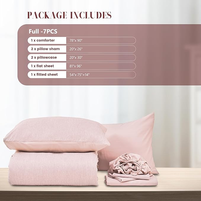 DECMAY Full Comforter Set with Sheets, 7 Pieces Pink Full Bedding Set, Cationic Dyeing Bed in a Bag with Comforter, Flat Sheet, Fitted Sheet, Pillowcase and Pillow Sham (Full, Pink) | full comforter set, full bedding set, full bed set