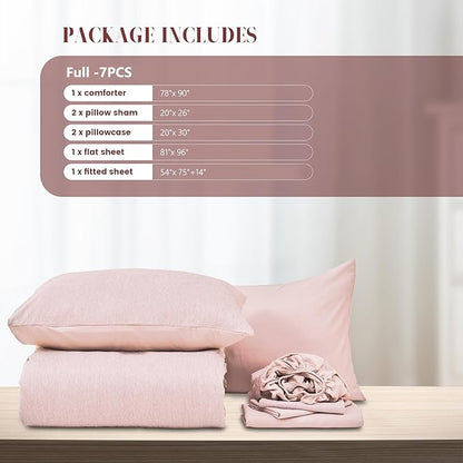 DECMAY Full Comforter Set with Sheets, 7 Pieces Pink Full Bedding Set, Cationic Dyeing Bed in a Bag with Comforter, Flat Sheet, Fitted Sheet, Pillowcase and Pillow Sham (Full, Pink) | full comforter set, full bedding set, full bed set